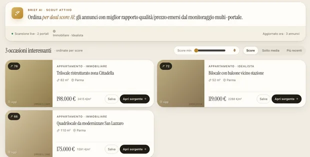 Trova Occasioni di AgenzIA: annunci dai portali ordinati per deal-score AI con spiegazione del punteggio