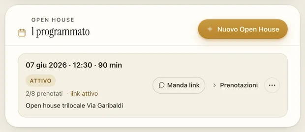 Pannello Open House di AgenzIA: slot attivo con 2 prenotazioni su 8 e link di prenotazione pubblico